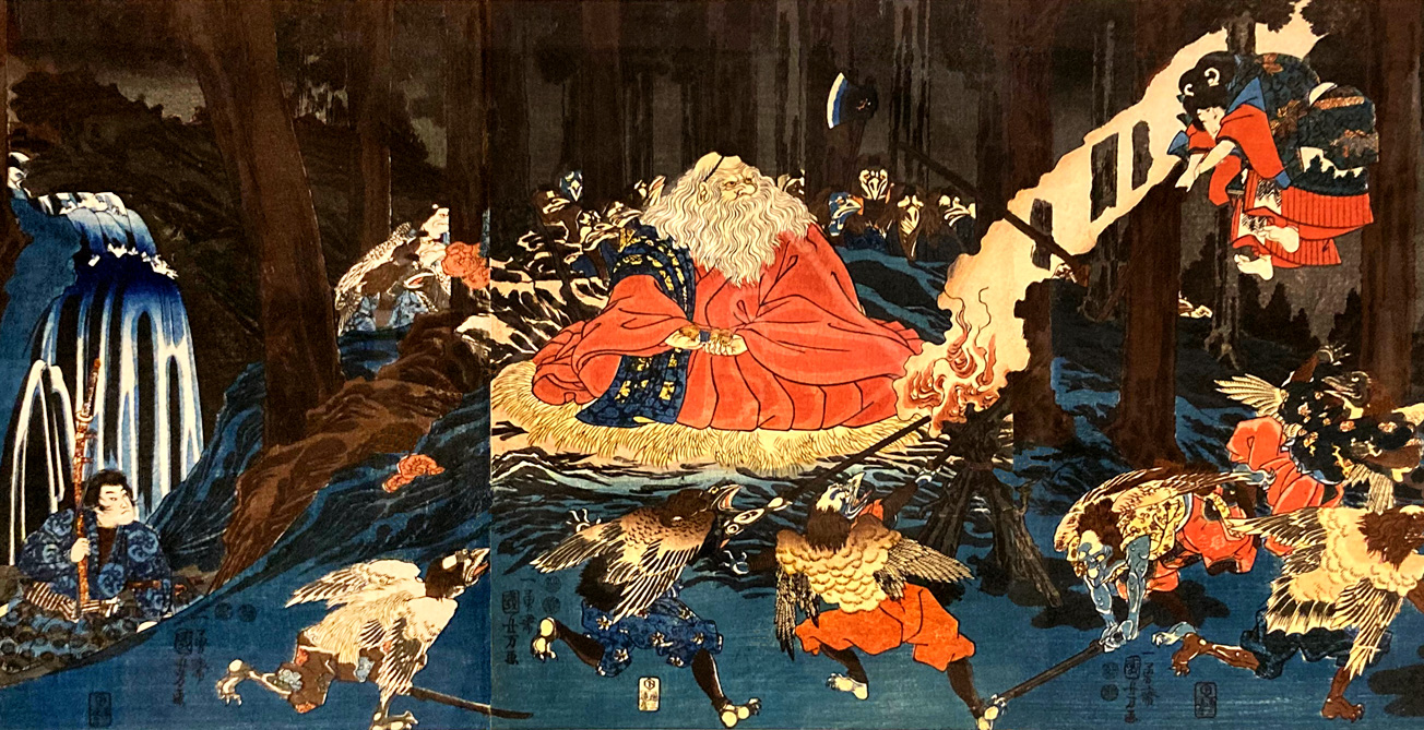 Utagawa Kuniyoshi / Ushiwakamaru Practicing Fencing Under the Direction of Sojobo, King of the Tengu