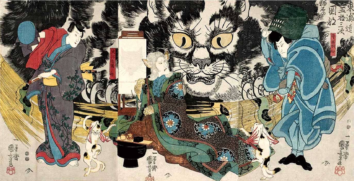 Utagawa Kuniyoshi / The Origin Story of the Cat Stone at Okabe from the Series One of the Fifty-three Stations of the Tokaido Road